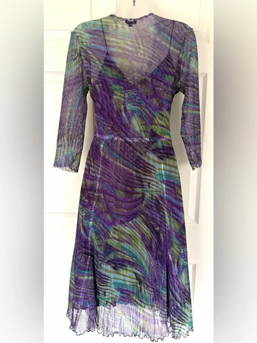 Komarov Part Dress Midi 3/4 Sleeve Charmeuse Dress Purple Green size Small - Picture 5 of 16